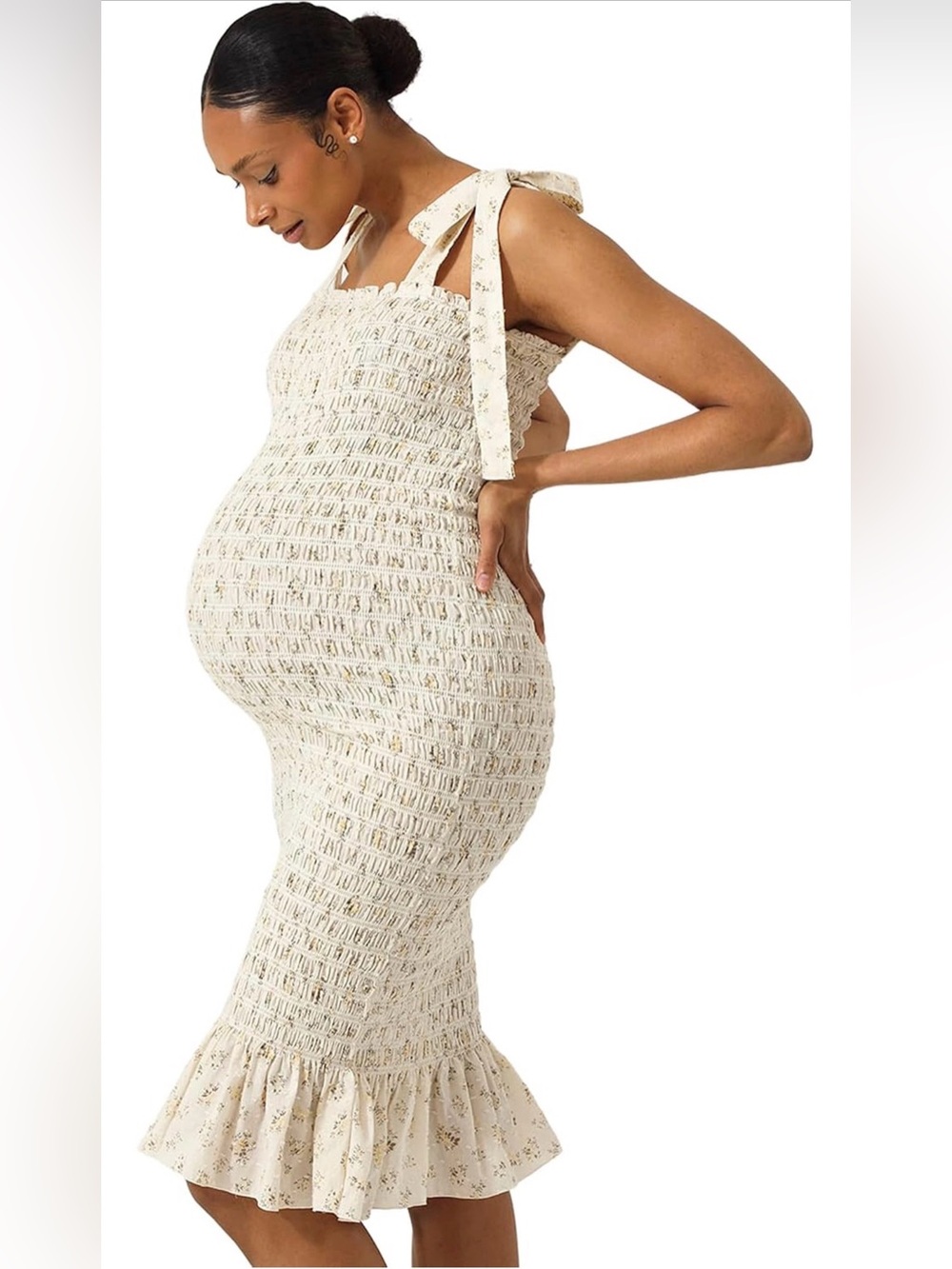 Nothing Fits But Cream Smocked Tie-Shoulder Midi Dress